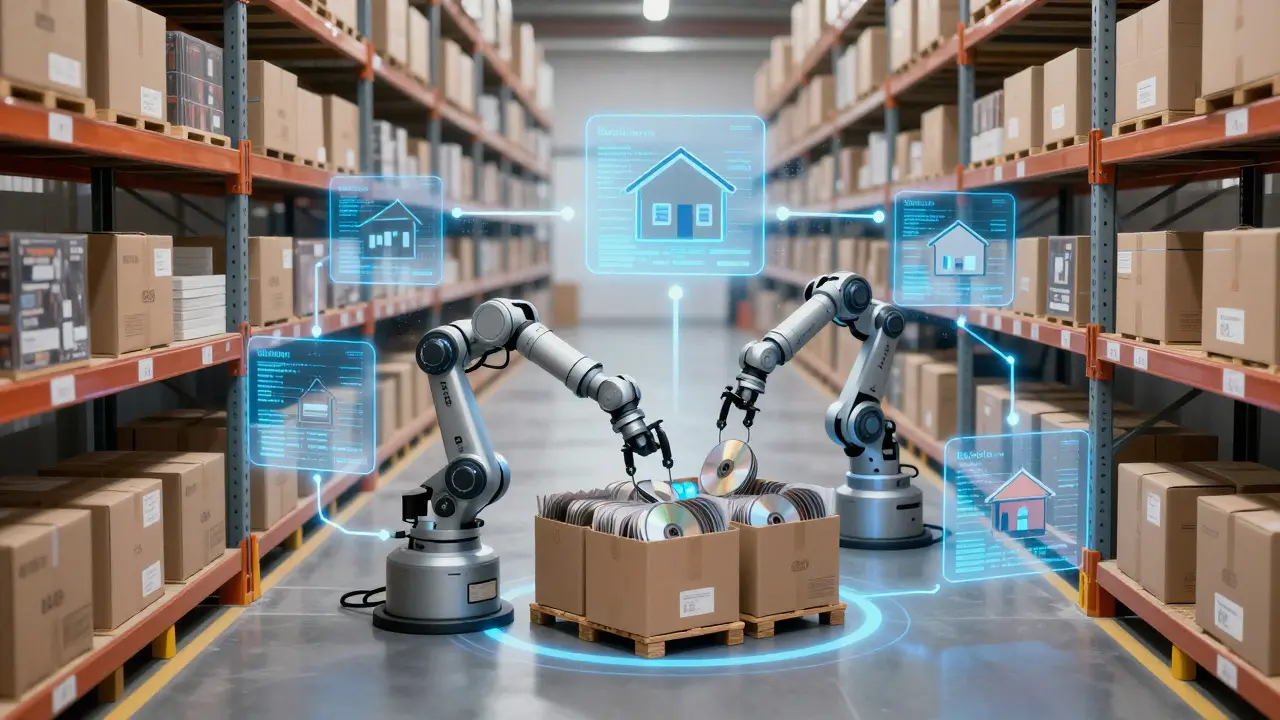 Illustration of automated warehouse robots sorting physical media for direct-to-consumer shipping.