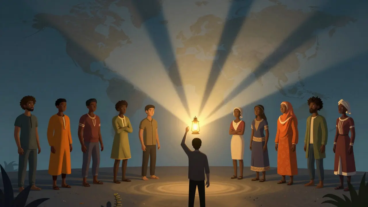 Illustration of light transforming flat silhouettes into diverse, detailed people