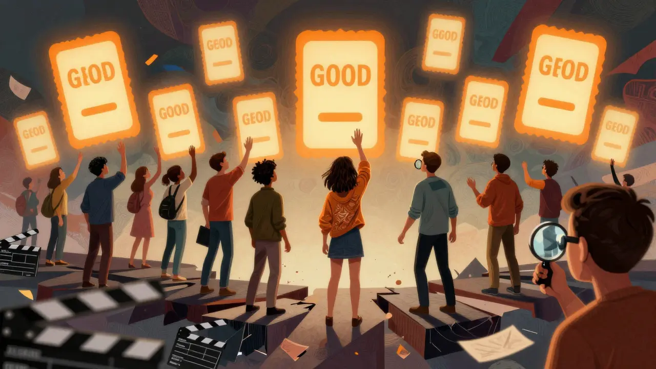 Illustration of viewers on broken clapperboards reaching for rating badges, one using a magnifier to find quality.