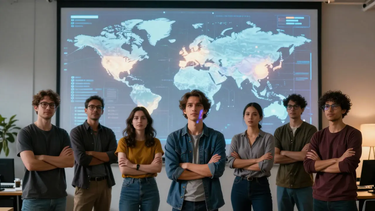 Independent filmmakers viewing a holographic map of global market opportunities and audience data