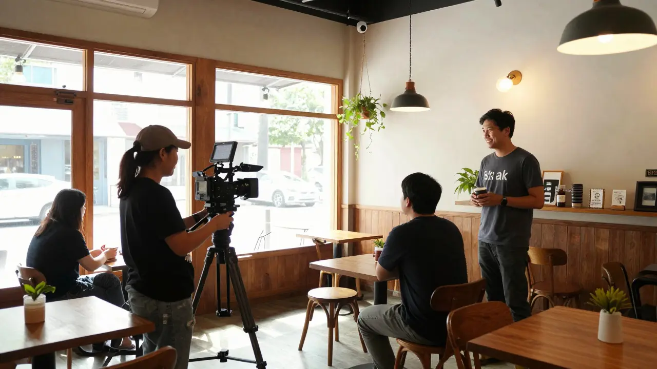 Indie film crew shooting inside a bright, cozy local coffee shop