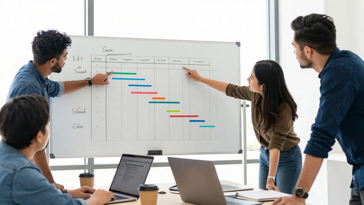 Indie film team discussing a Gantt chart on a whiteboard in a bright office