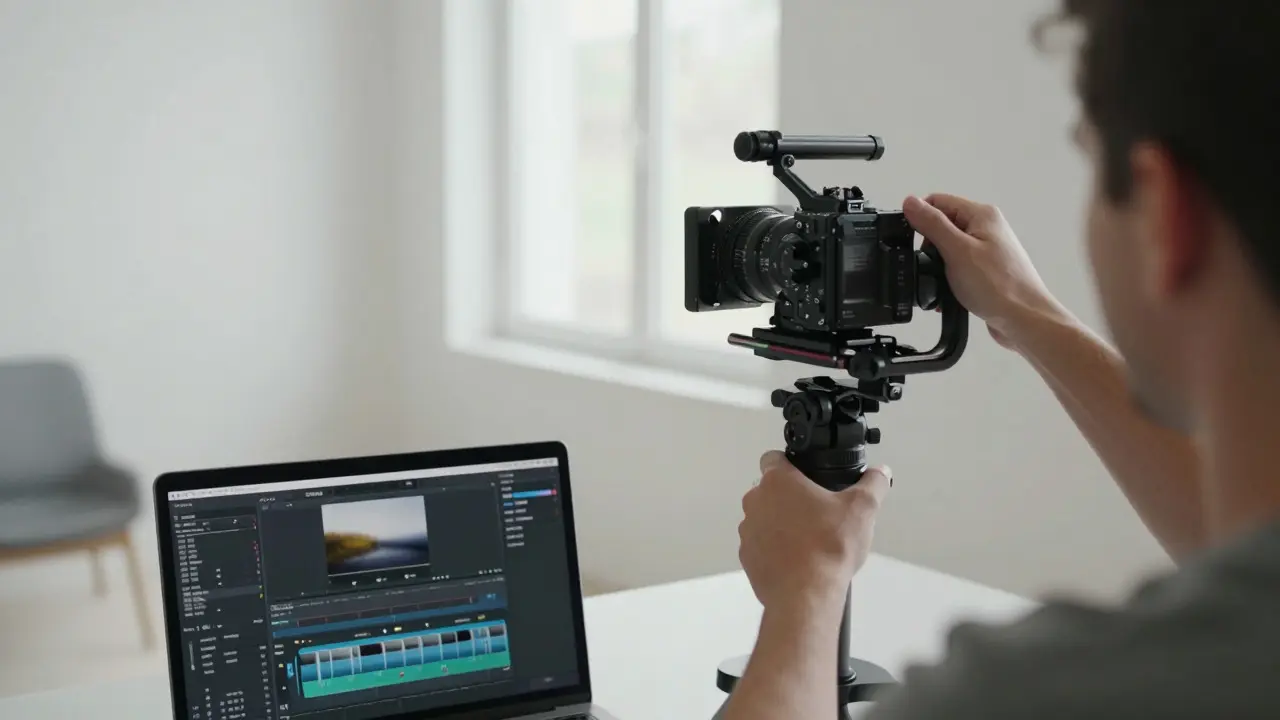 Indie filmmaker operating a high-quality camera in a naturally lit home studio