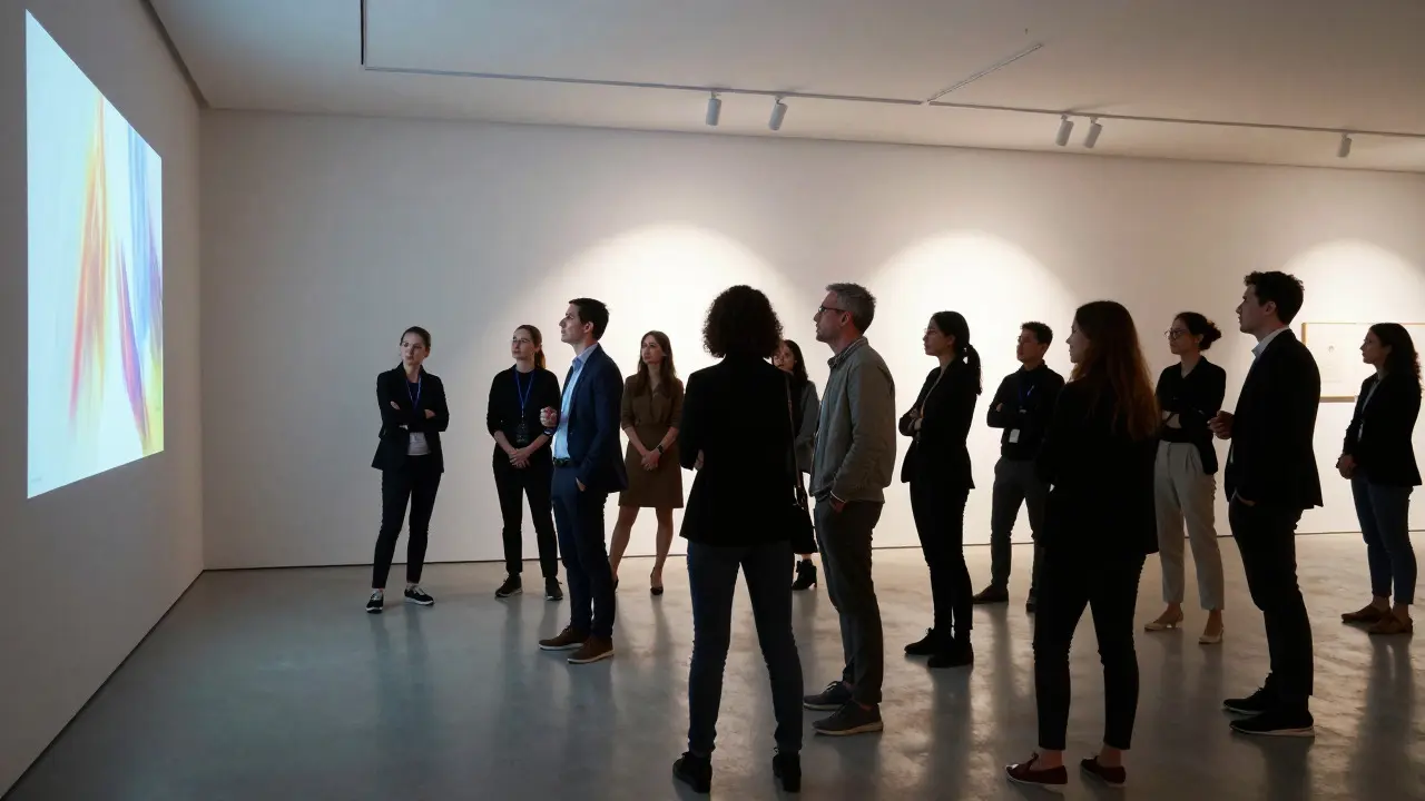 Industry professionals attending a private film screening in a gallery