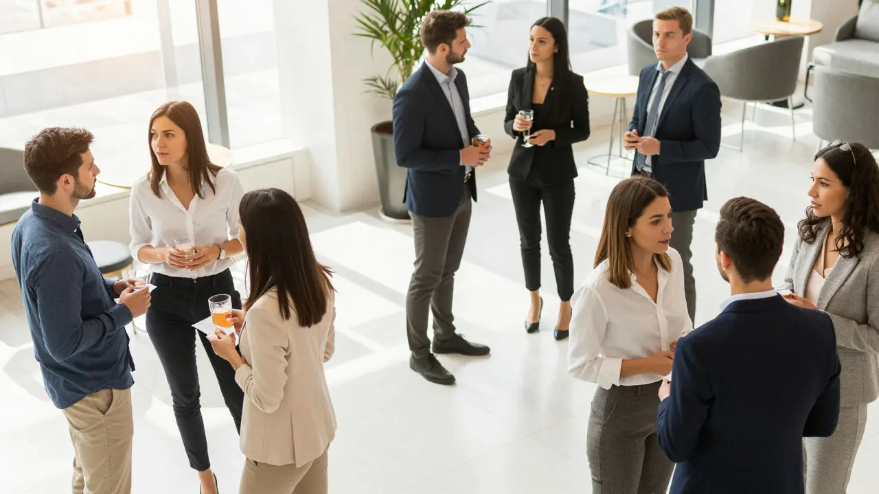 Industry professionals engaging in focused conversations at a bright hotel reception