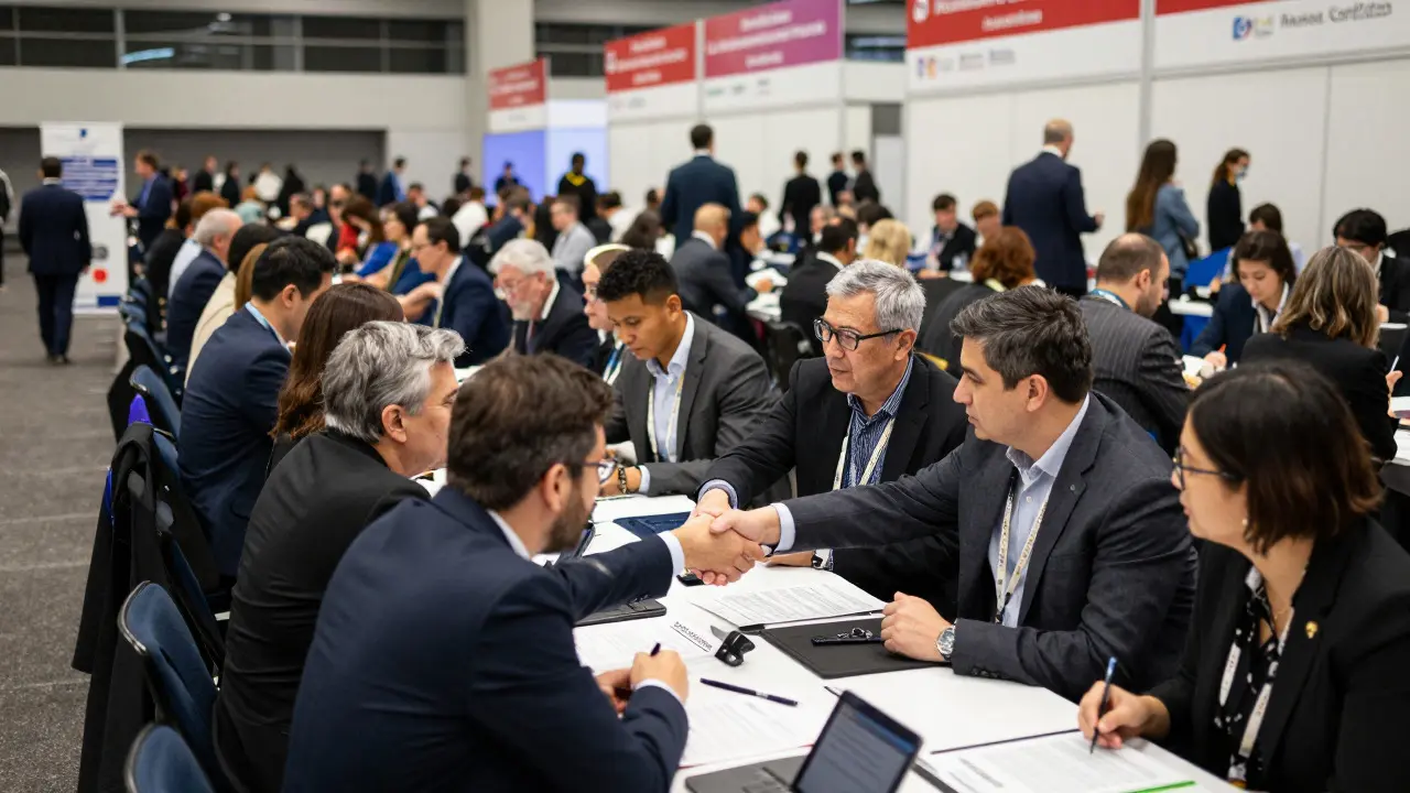 Industry professionals negotiating distribution deals at a busy film market conference