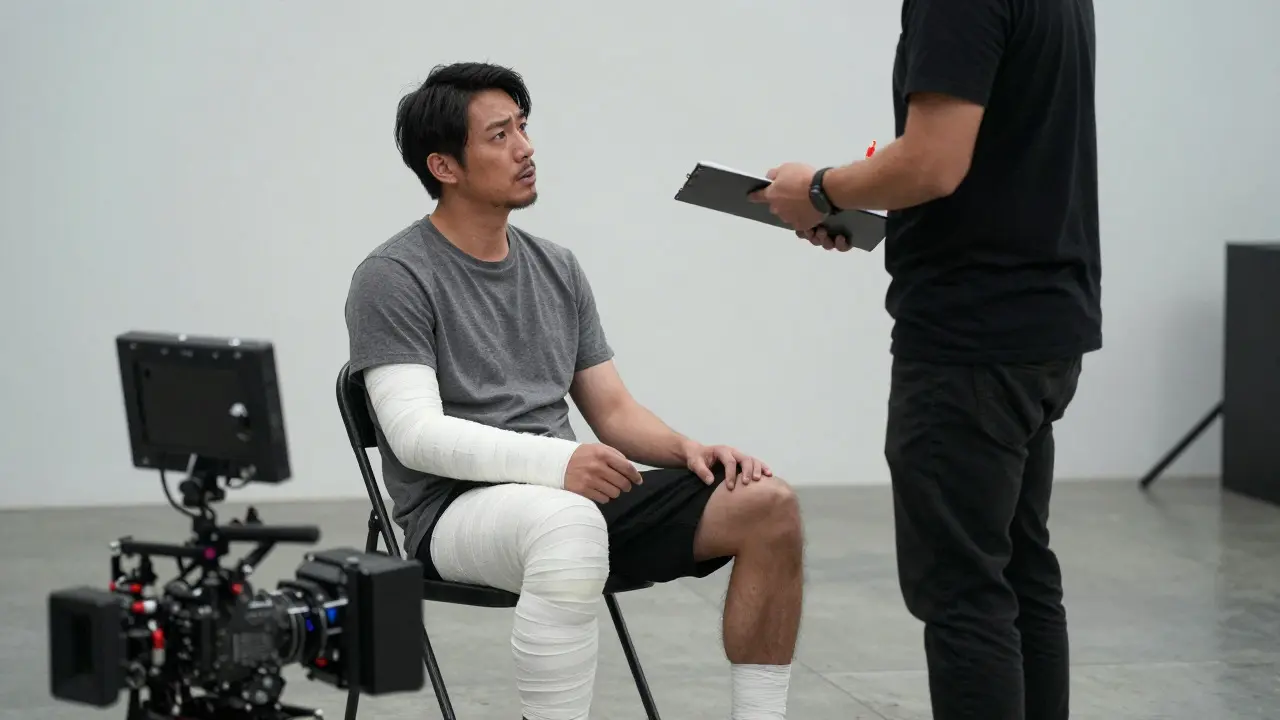 Injured actor and producer discussing next steps on a film set after an accident
