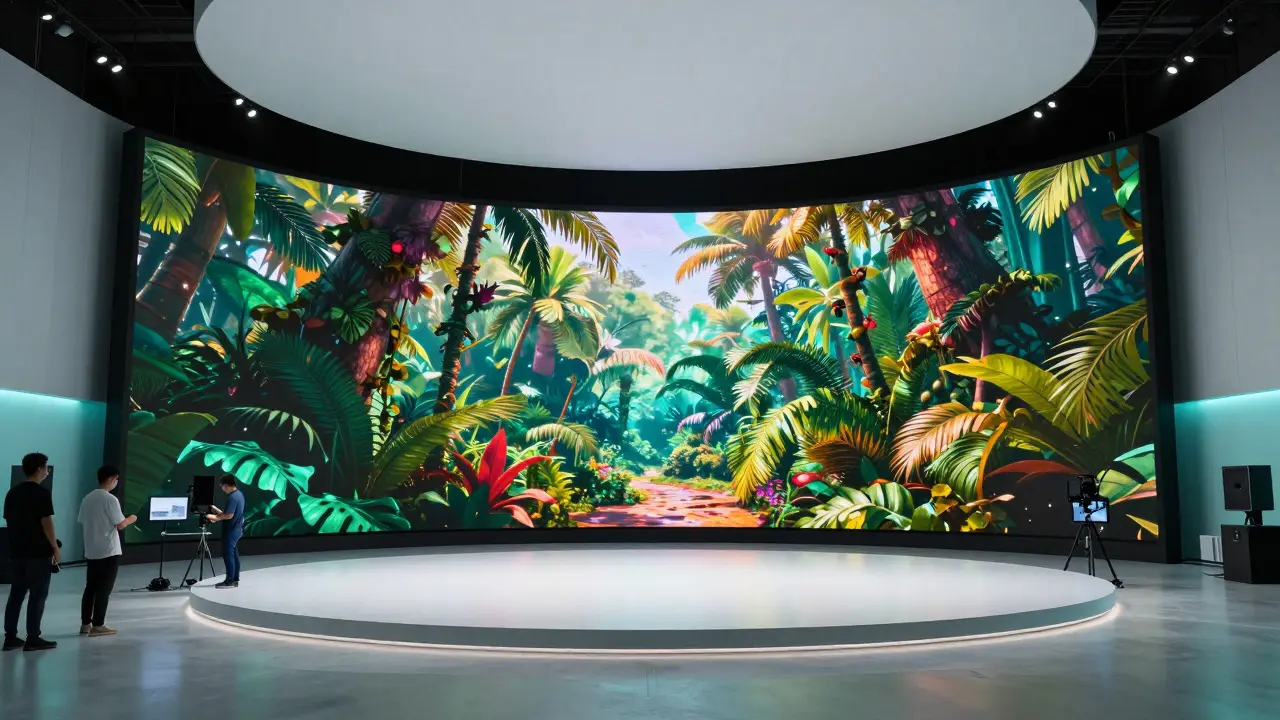 Interior of a modern virtual production studio with a large LED screen