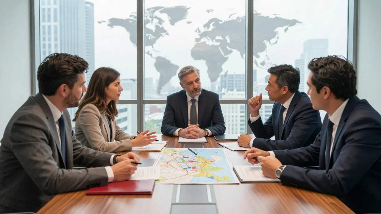 International film executives negotiating a co-production deal around a conference table