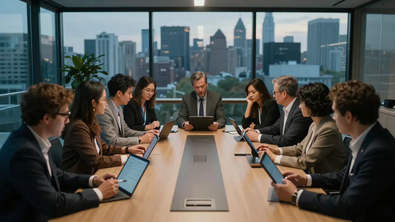 Investors and filmmakers meeting in a modern office at dusk