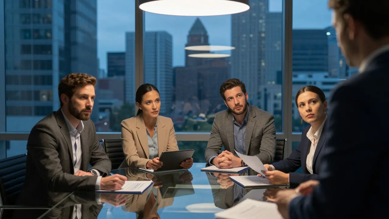 Investors reviewing documents around a glass table in a modern office