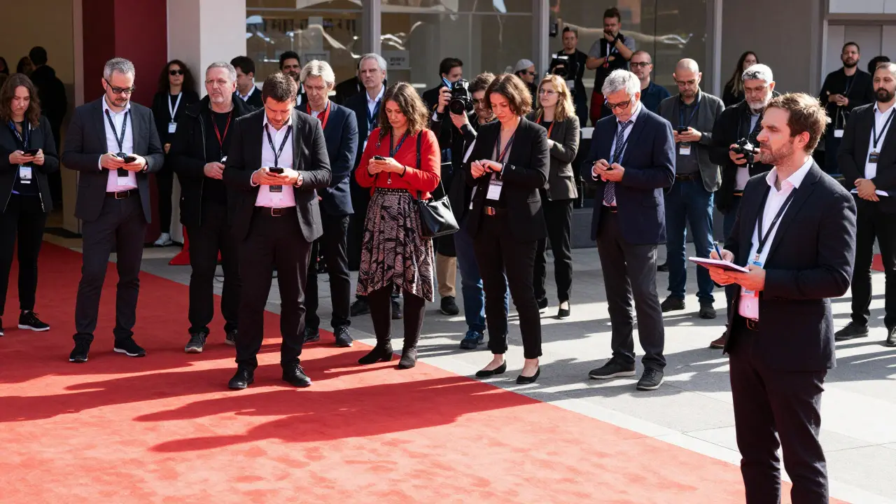 Journalists waiting on a red carpet at a film festival press event