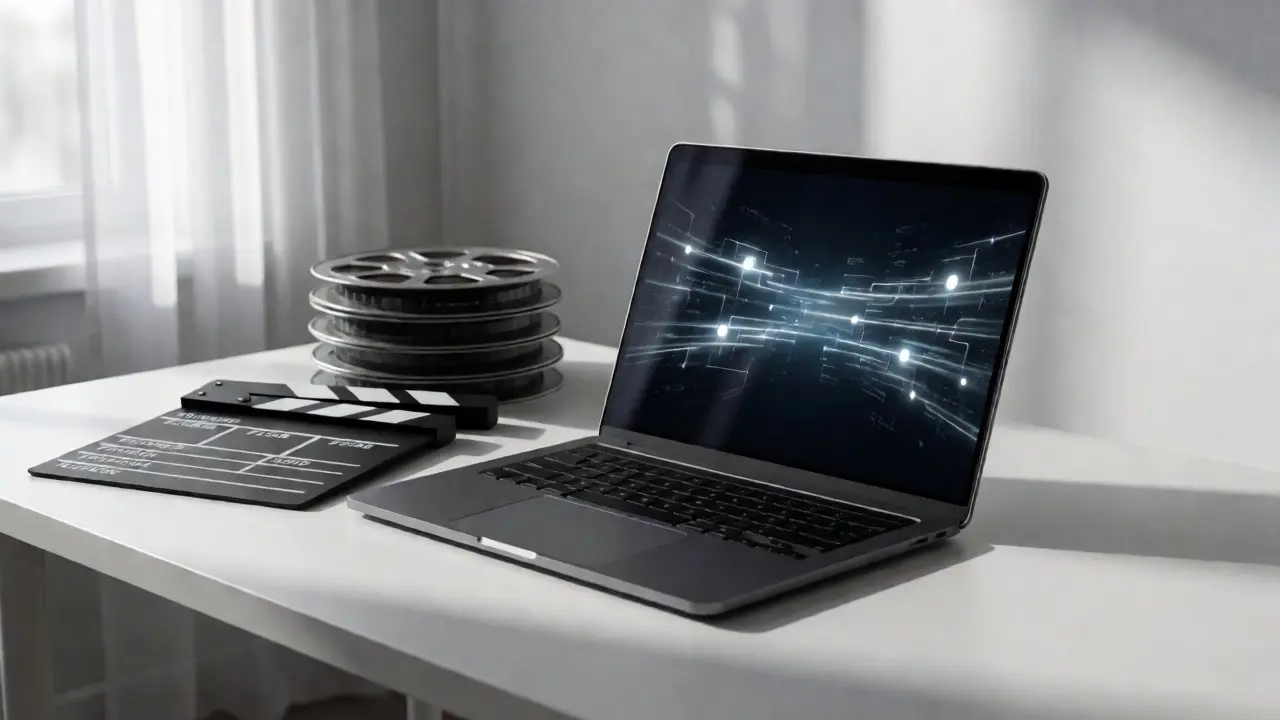 Laptop showing digital data next to film reels, symbolizing streaming vs. traditional sales.