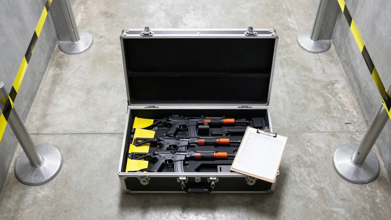 Locked case containing marked prop guns and safety documentation