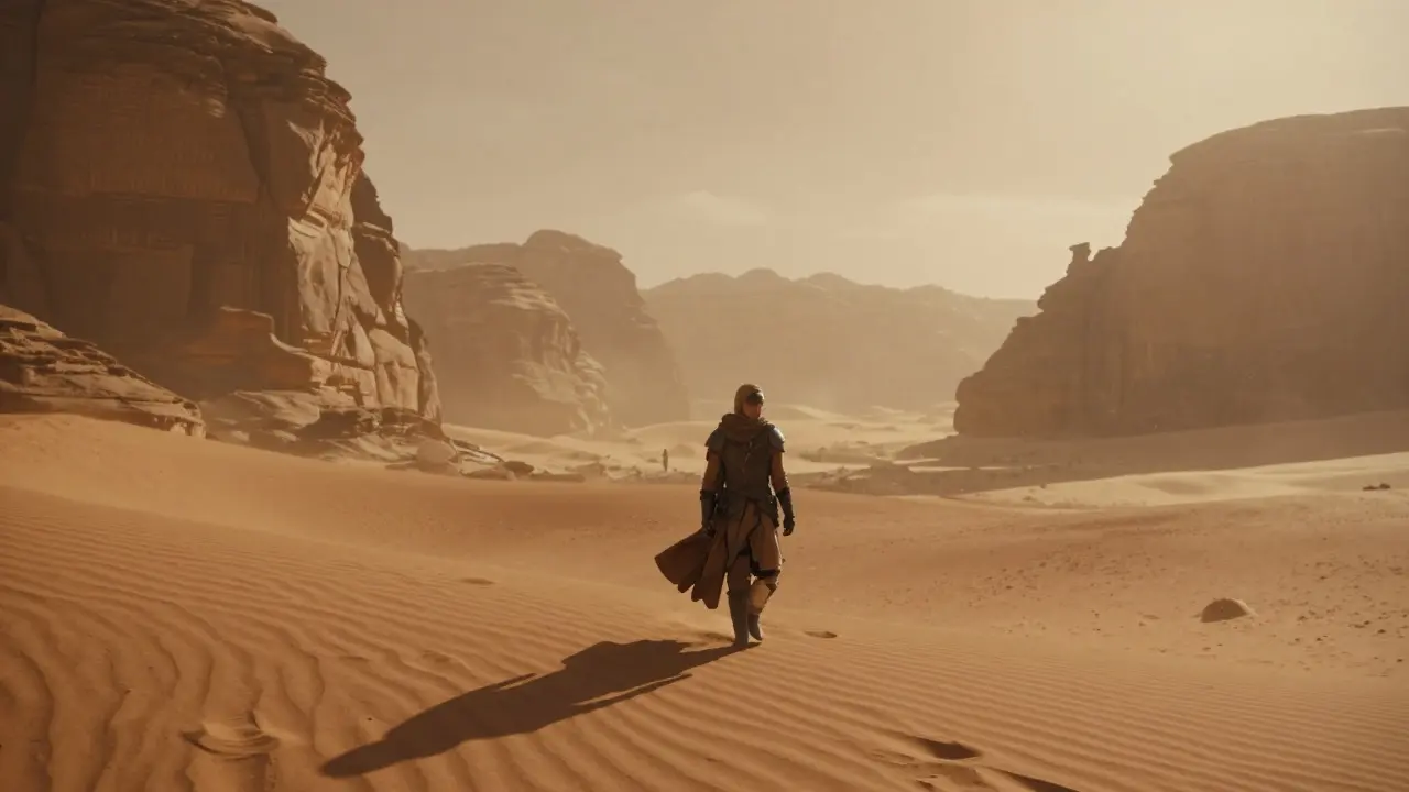 Lone armored figure walking across vast desert dunes under an amber sky