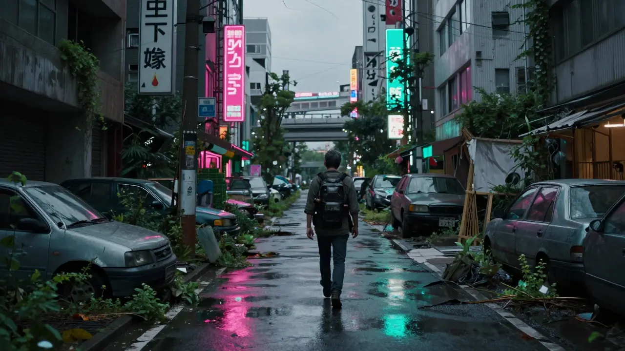 Lone figure walking through a neon-lit, overgrown street in a post-climate-change Tokyo cityscape.