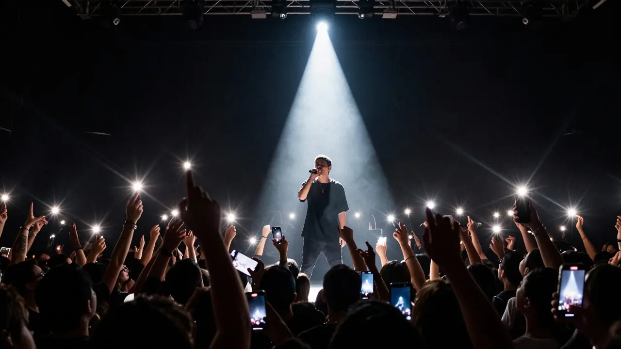 Low-angle shot of a singer on stage with a crowd holding up glowing phones
