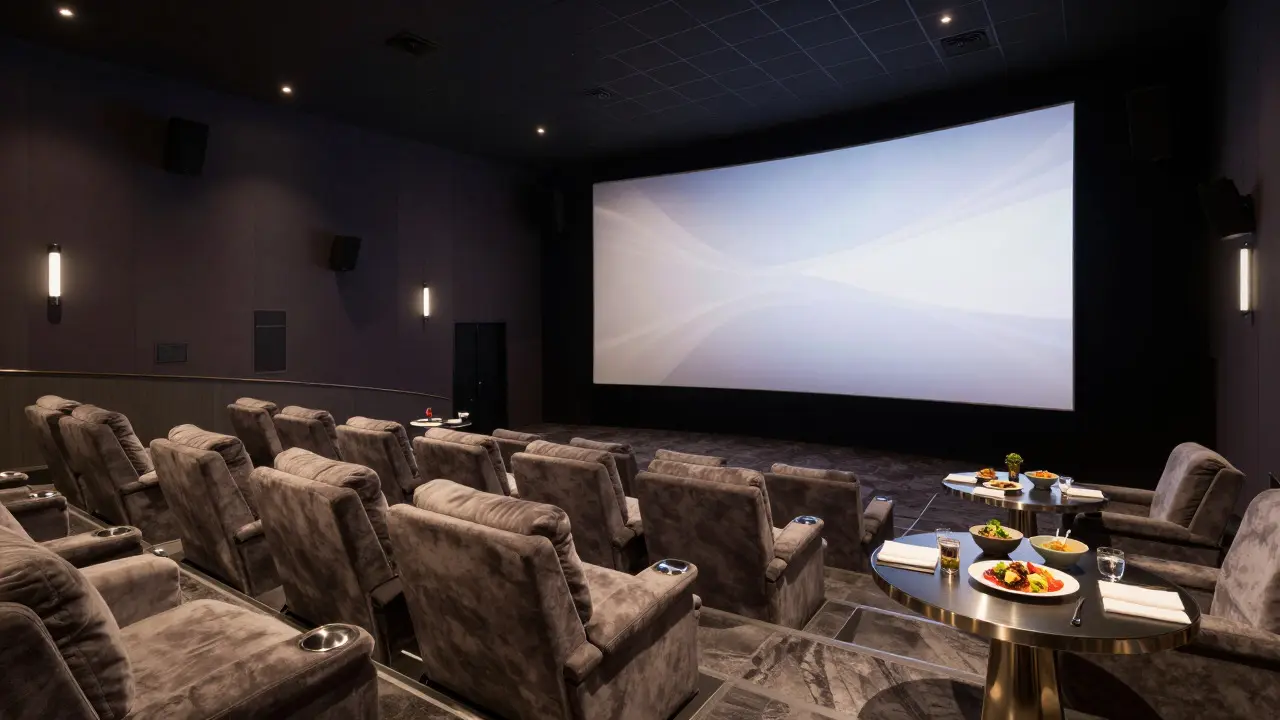 Luxurious VIP cinema lounge with reclining seats and gourmet food
