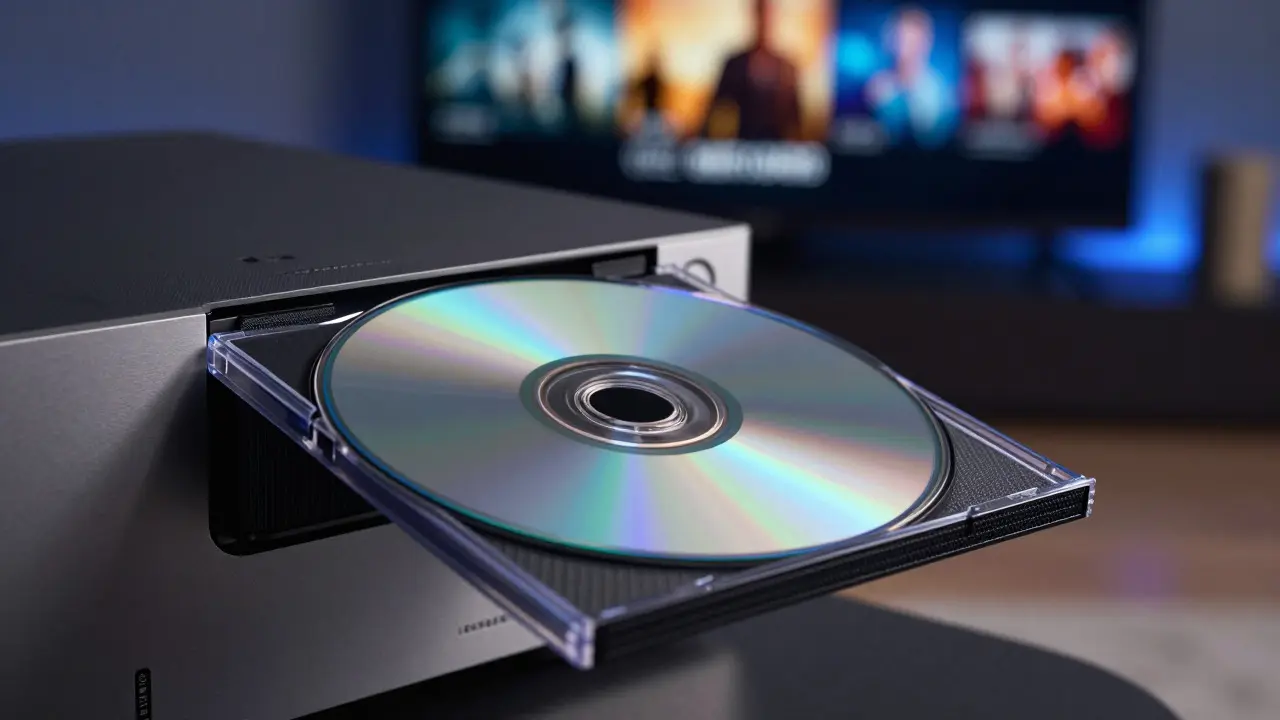 Macro shot of a 4K Ultra HD Blu-ray disc being loaded into a home theater player.
