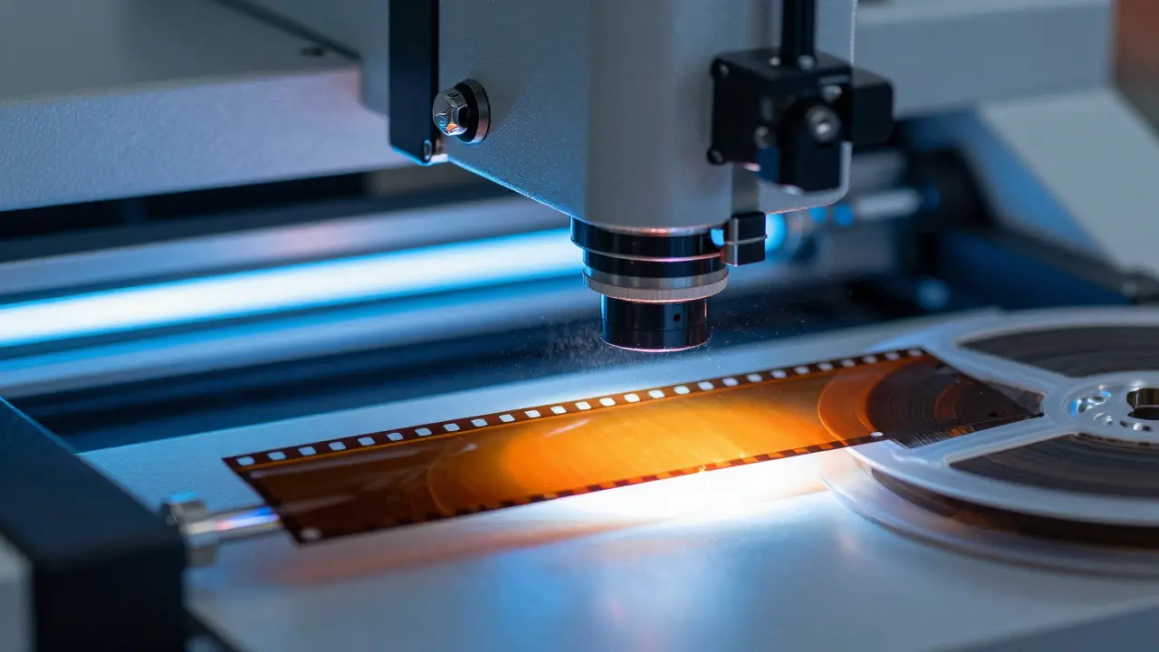 Macro view of a digital scanner processing a colorful 35mm film negative reel