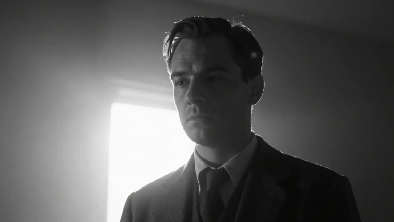 Man illuminated by bright light in a dramatic black and white scene