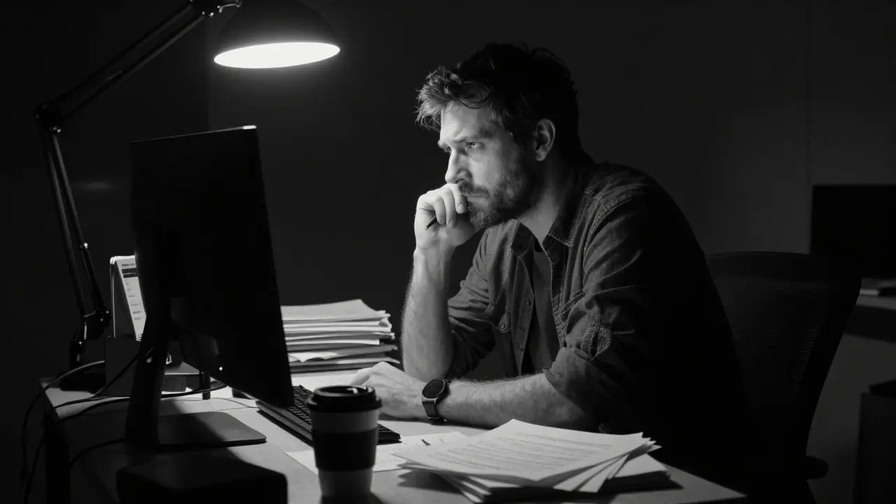 Man working late at a desk with scripts in a dim room
