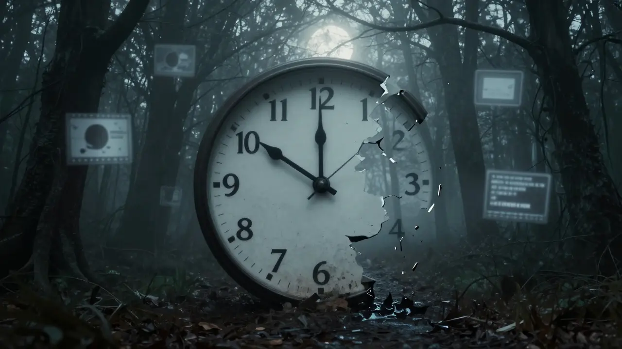 Melting clock face merging into a foggy, mysterious forest path