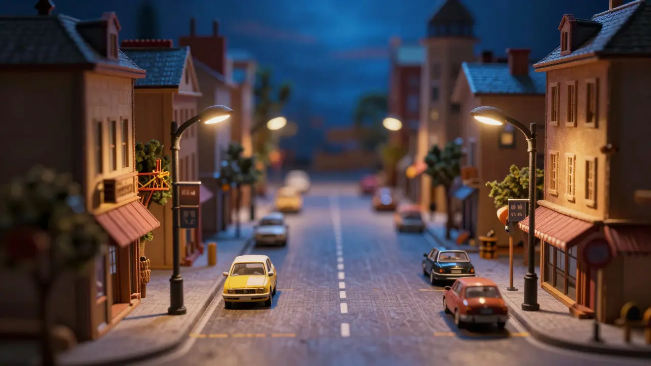 Miniature city street set with colored lighting gels and tracking markers