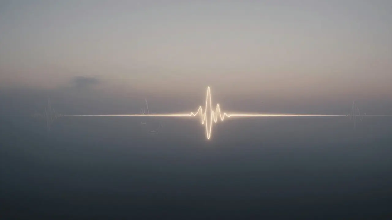Minimalist twilight scene with a horizontal line of light and subtle audio wave ripples