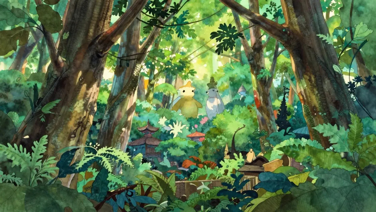 Miyazaki-style animated forest with sunlight and fantasy elements
