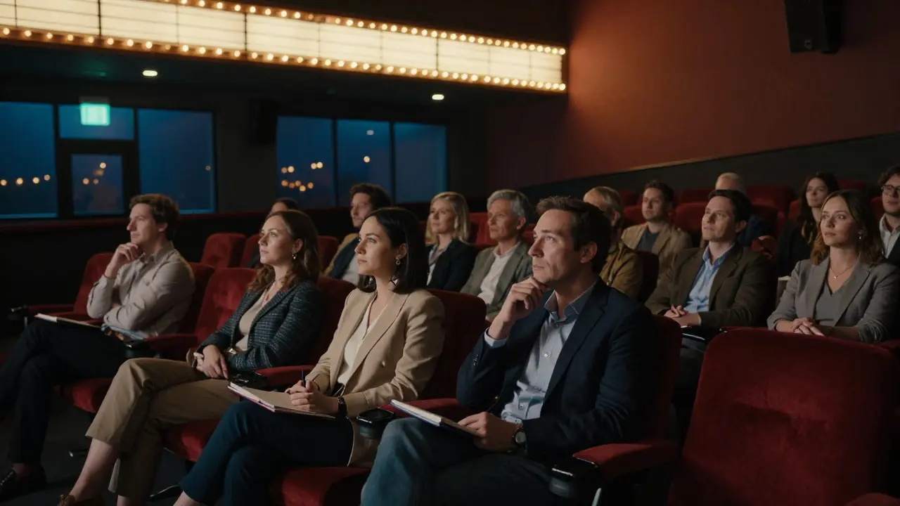 Movie theater lobby with audience members and a thoughtful critic observing the crowd
