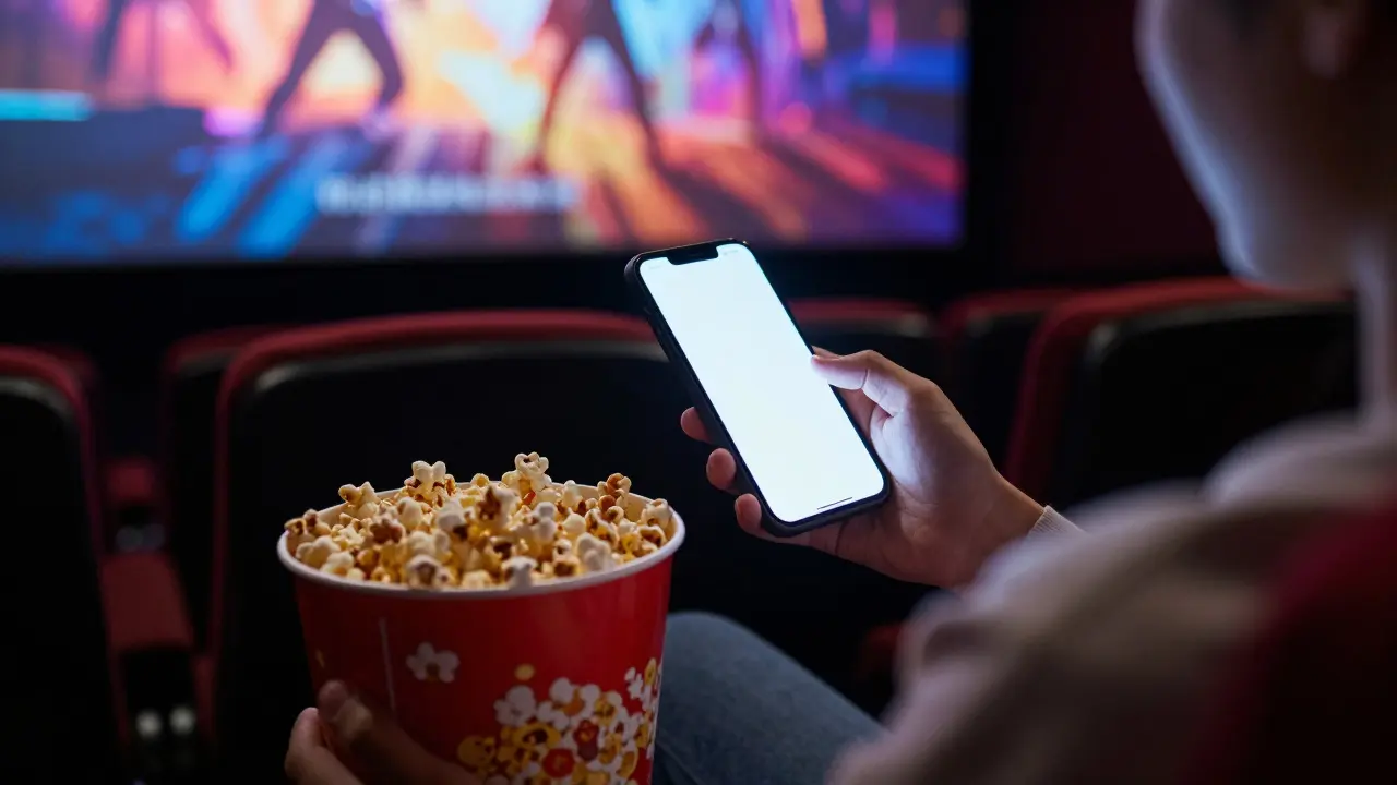 Moviegoer in dark theater looking at phone while holding popcorn