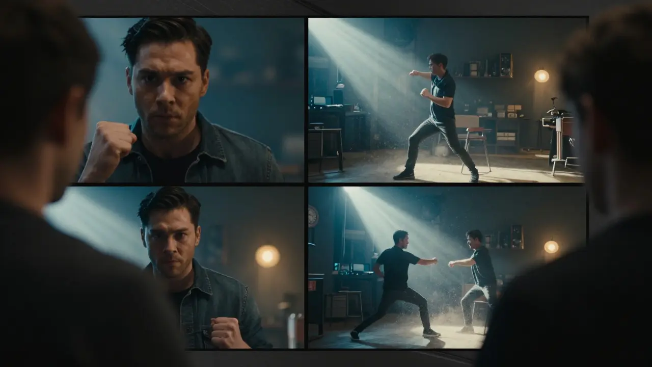 Multi-angle view of a fight scene showing facial emotion and spatial geography.