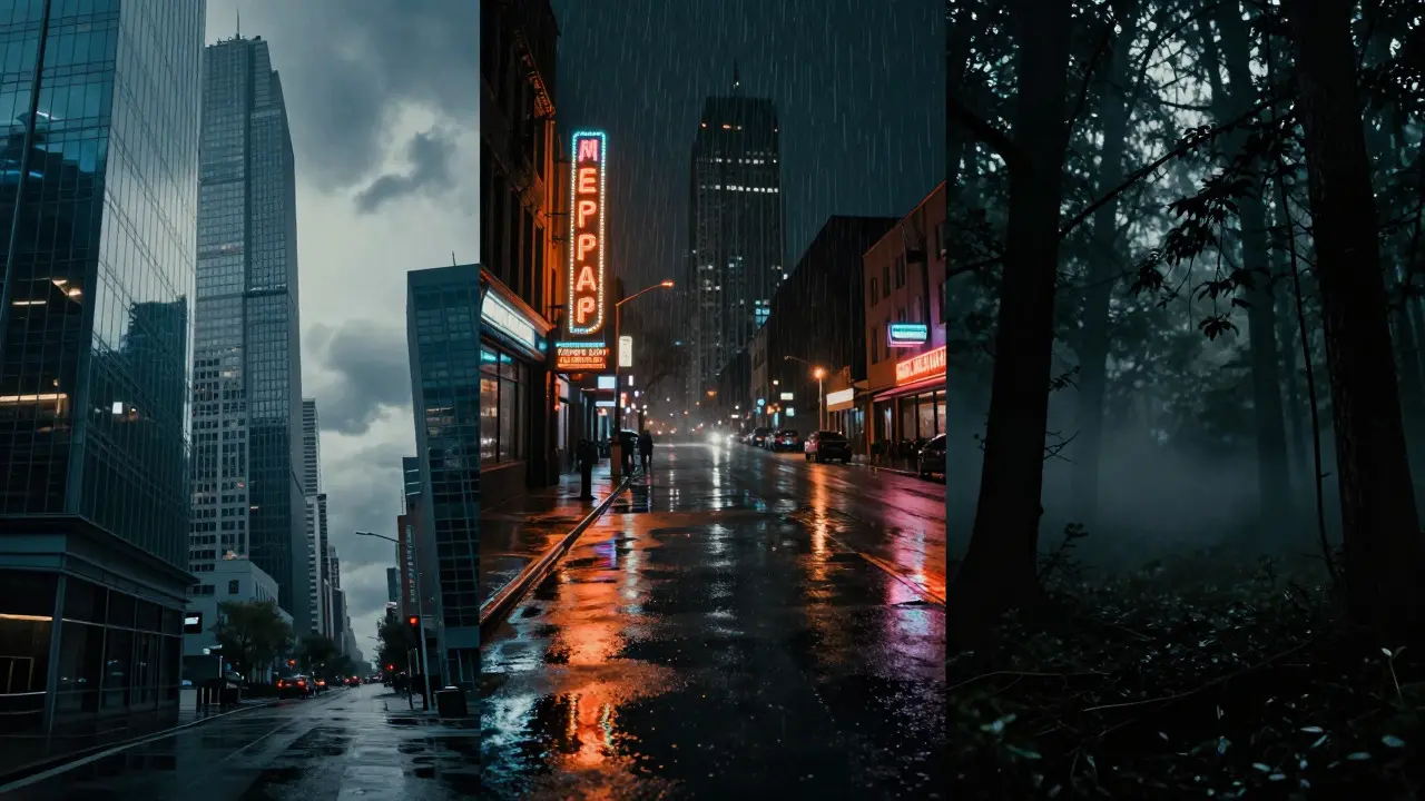 Noir-style collage showing sci-fi city, rainy street, and dark forest