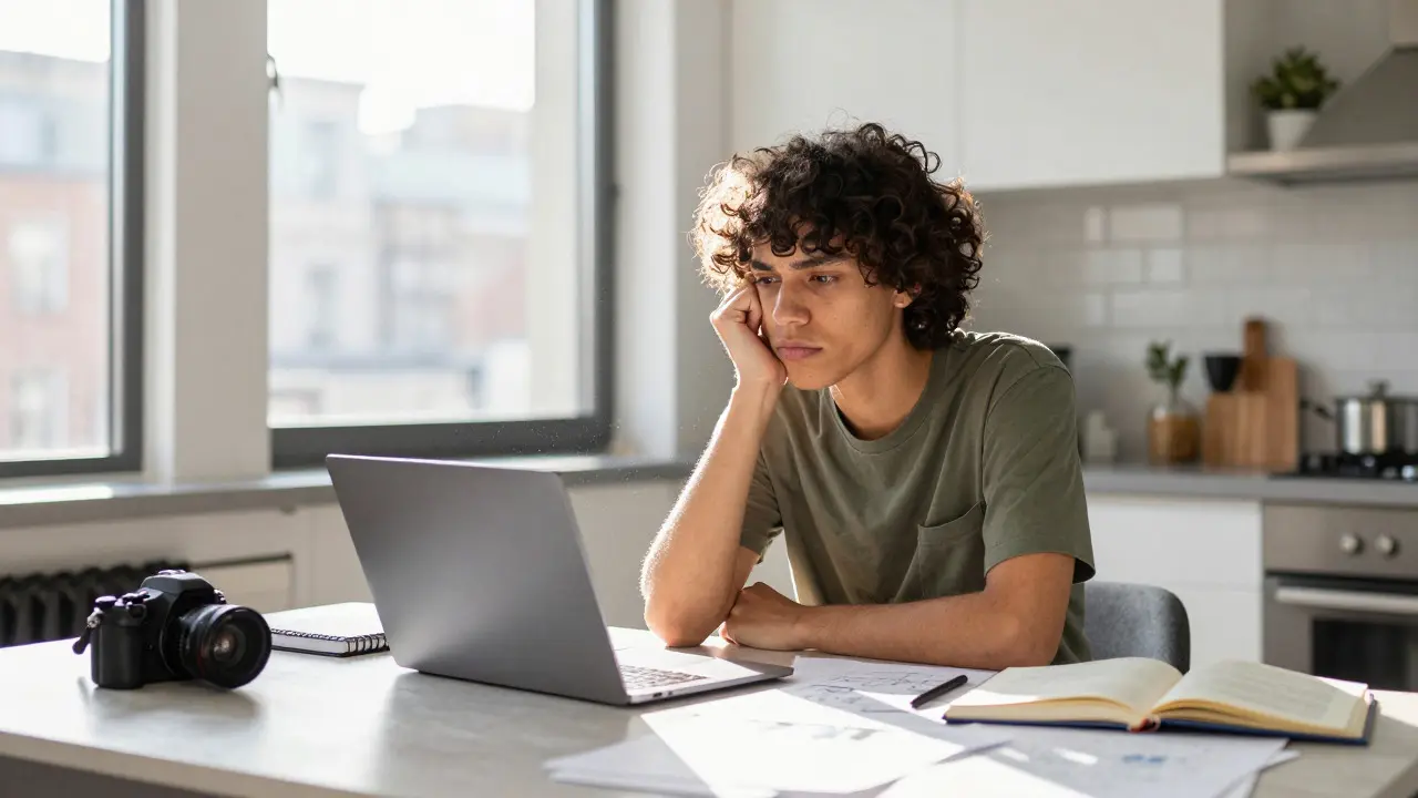 Non-binary creator working at a sunlit desk, reflecting on chronic illness and art