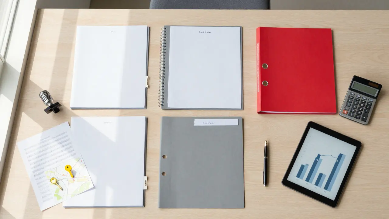 Organized desk with legal folders and film production symbols