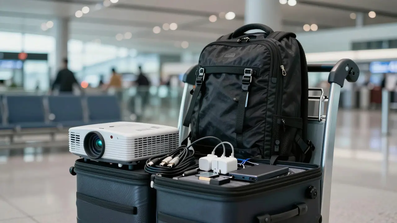 Organized filmmaking gear including cables and a projector on an airport cart