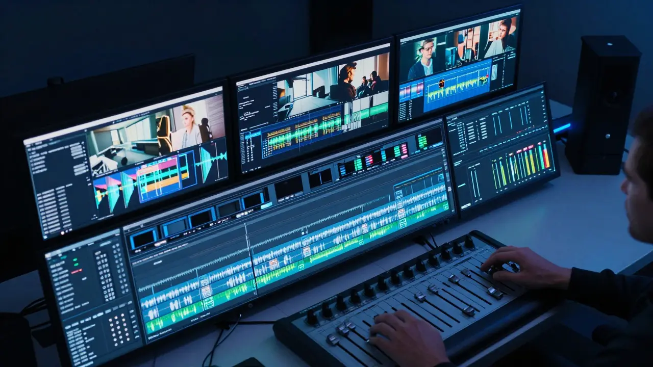 Overhead view of a video editing timeline on multiple monitors in a studio
