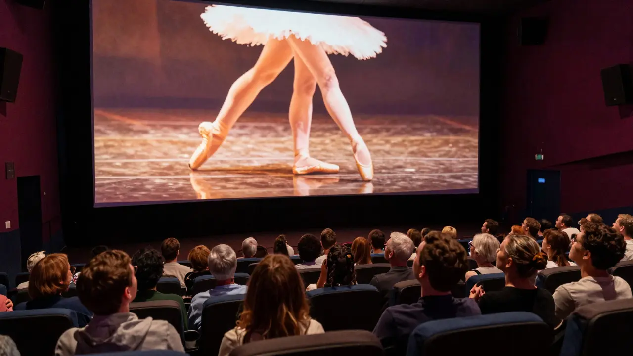Packed cinema audience watching a live ballet broadcast on a large screen