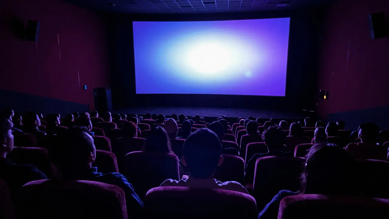 Packed movie theater auditorium at night with audience watching a bright screen