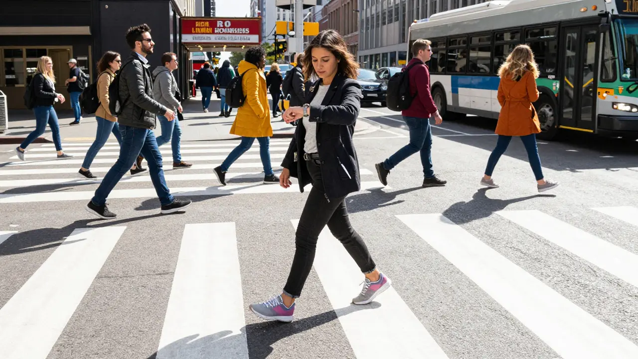 Pedestrian crossing a busy city street while checking their watch