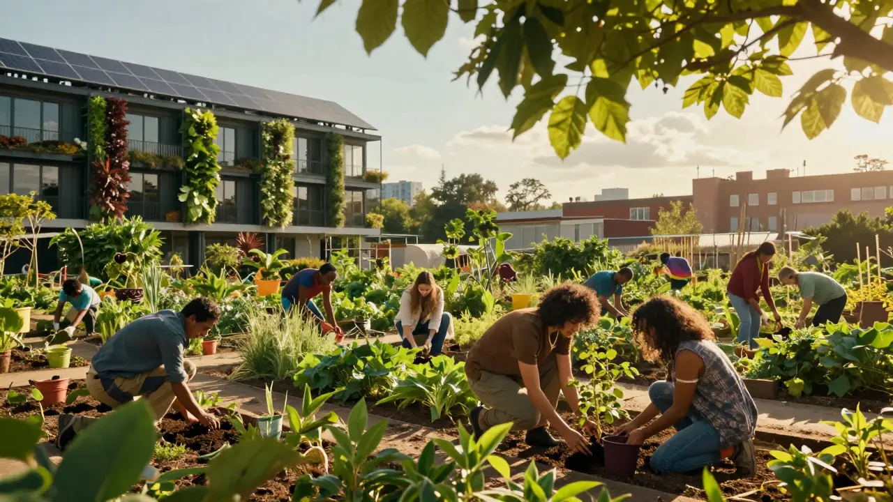 People planting trees in a sunny urban community garden with green buildings