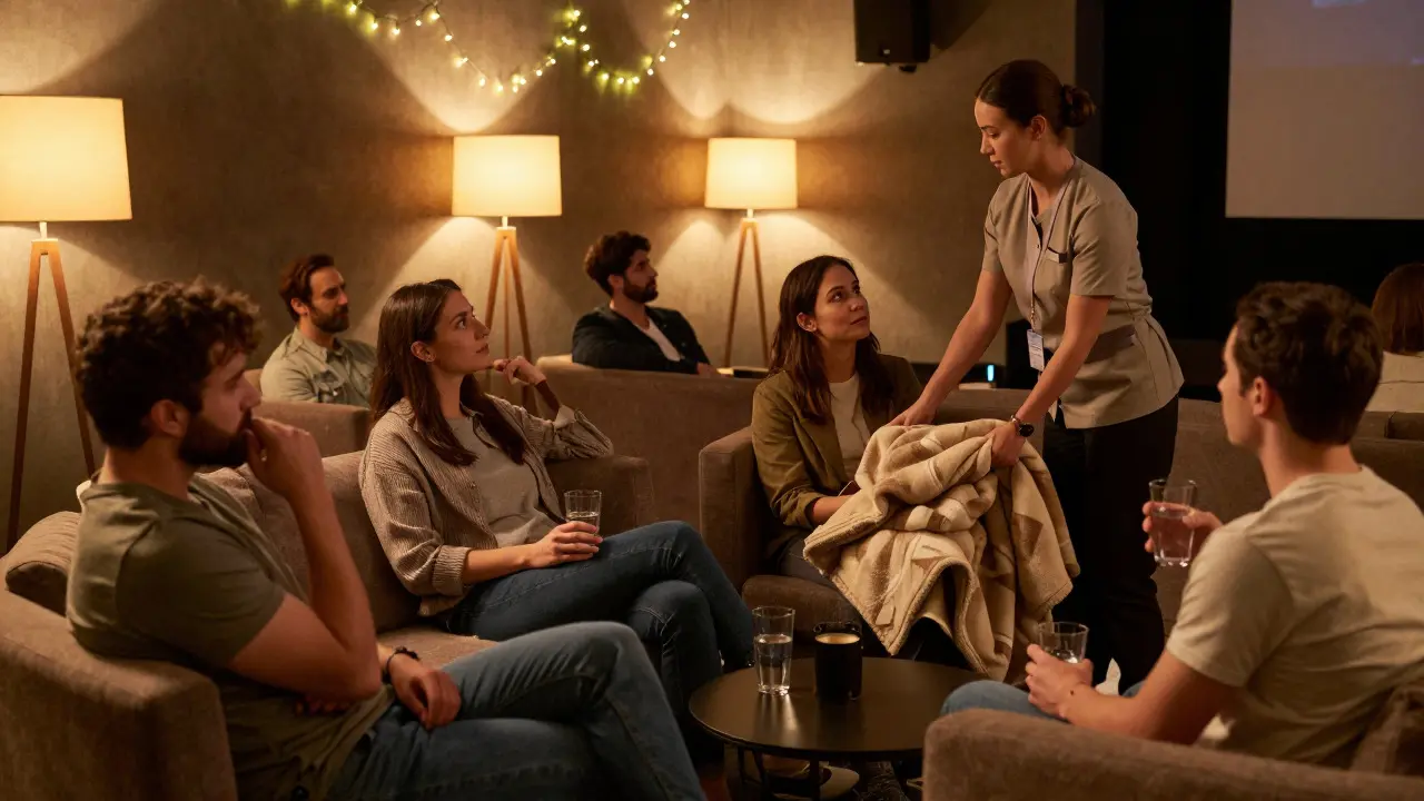 People relaxing and chatting in a cozy lounge area after a film screening