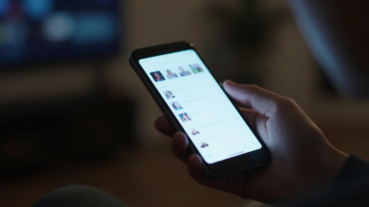 Person holding a glowing smartphone in a dark room, reflecting modern media influence