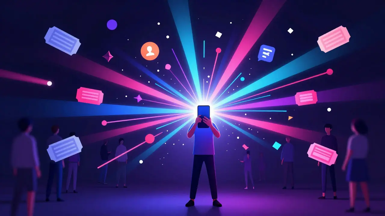 Person holding a phone emitting colorful light representing social media buzz