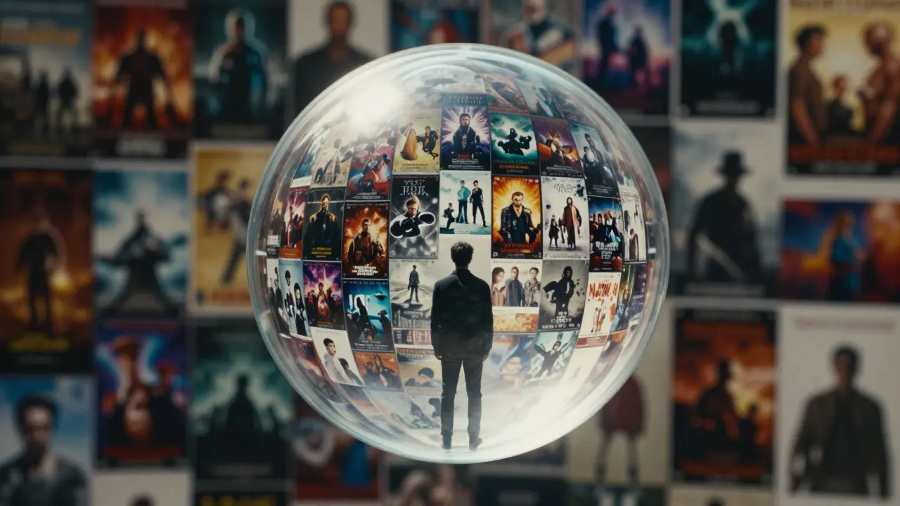 Person inside a glass sphere filled with similar images, isolated from diverse content outside