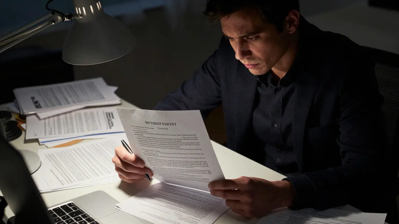 Person reviewing a contract document under a desk lamp in a cluttered office