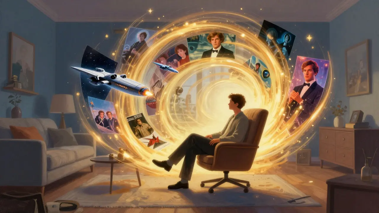 Person sitting in a chair surrounded by glowing memories of classic films