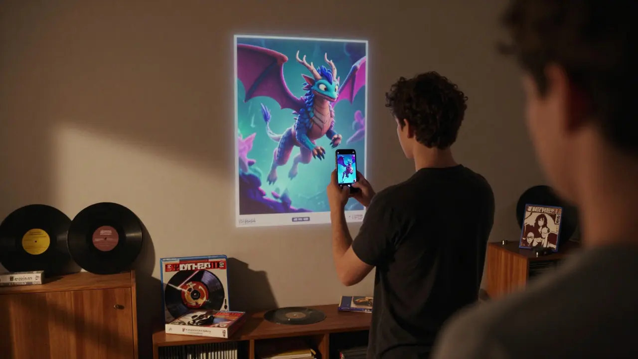 Person using a phone to view an augmented reality creature appearing from a poster