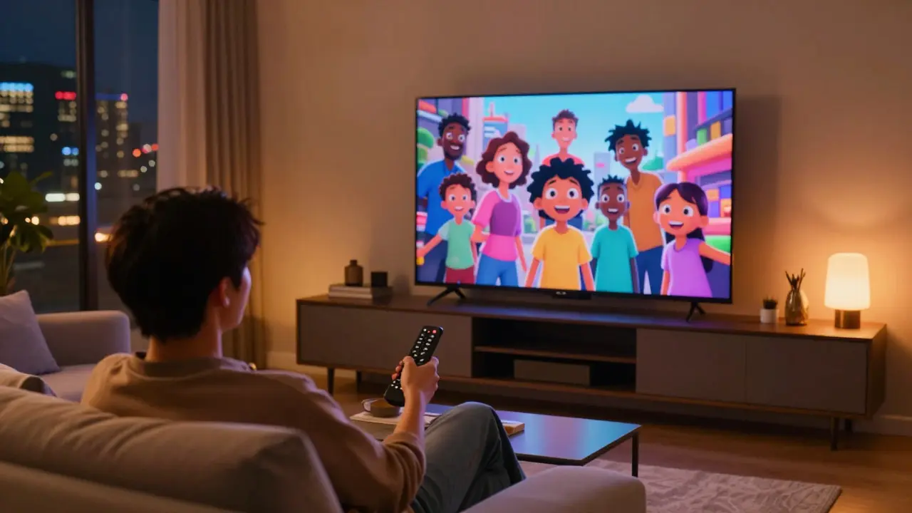 Person watching animated movie on TV in a cozy living room